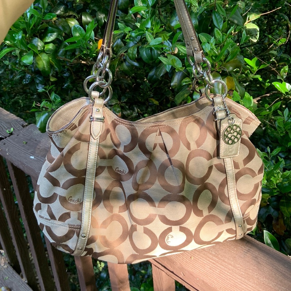 Authentic COACH Op Art tote bag canvas shoulder beige gold 16233